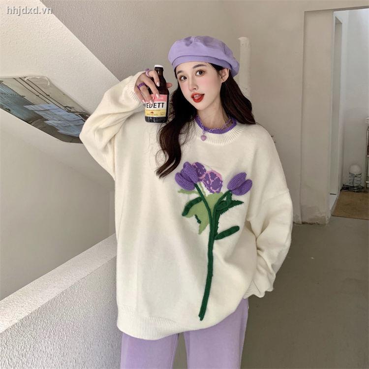 Áo sweater cổ tròn dáng rộng ba chiều hình hoa tulip có khóa kéo thời trang thu đông hàng mới dành cho nữ sinh [làm 7 ngày]