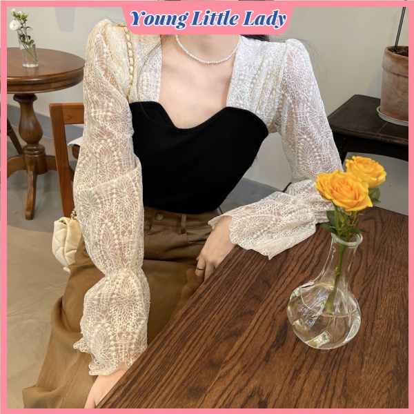 Áo Nữ Cổ Vuông Phối Ren Phong Cách Mùa Thu Pháp Mới