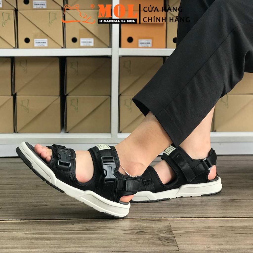 Giày Sandal MOL Unisex Nam Nữ 2 Quai Ngang Êm Bền Phù Hợp Đi Học Đi Làm Đi Du Lịch Màu Đen Mã MS1803