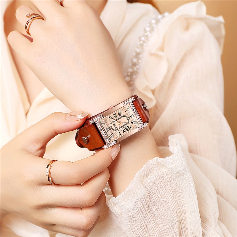 Đồng Hồ Quartz Mặt Chữ Nhật Dây Da Phong Cách Vintage