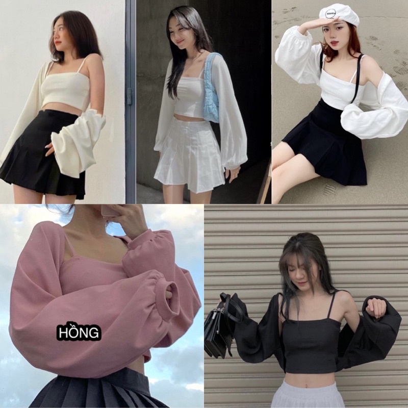 SET ÁO CROPTOP BARBIE TOP gồm áo khoác ngoài tay dài và áo 2 dây trong