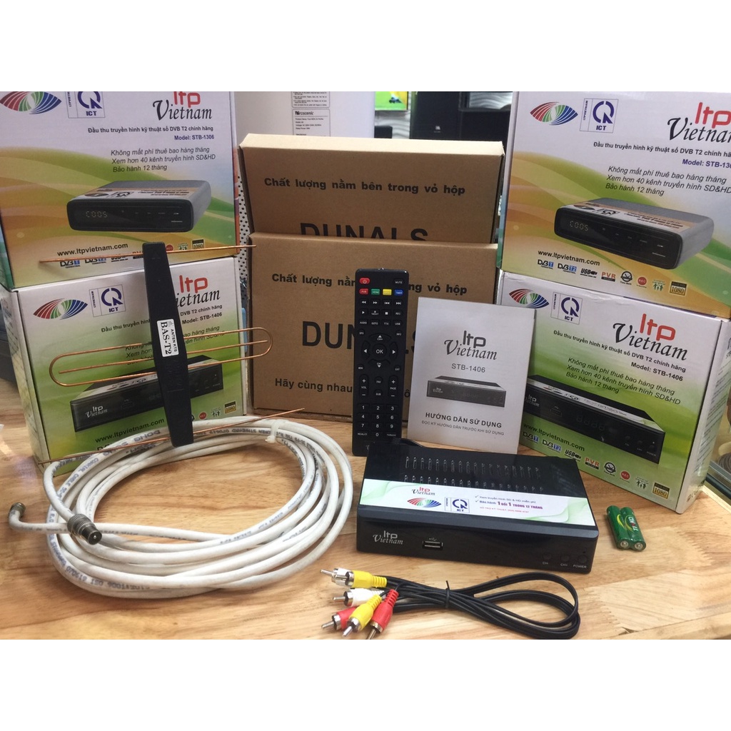 Combo Đầu Thu truyền hình số mặt đất DVB T2 LTP STB 1406, anten khuếch đại dây 5m, anten liền dây VRY 12m