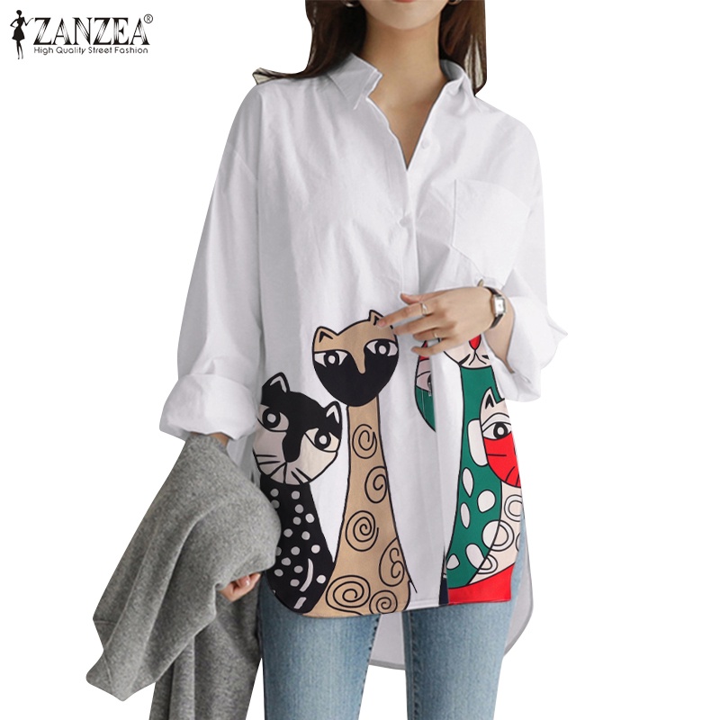 Áo sơ mi ZANZEA cổ bẻ dài tay in hình mèo thời trang dành cho nữ