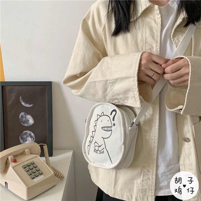 Túi đeo vai vải canvas có gắn/ không gắn mặt khủng long nhỏ dễ thương cho bé gái