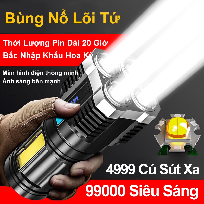 Đèn pin P1000 lõi tứ LED siêu sáng sạc cổng USB tiện dụng