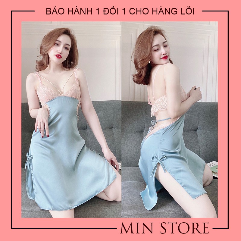 Váy ngủ 2 dây cao cấp lụa satin sexy gợi cảm phối ren khoét sườn V003 | BigBuy360 - bigbuy360.vn