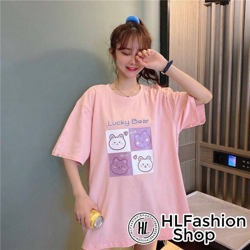 Áo thun tay lỡ form rộng Lucky Bear cực xinh, áo phông form rộng HLFashion