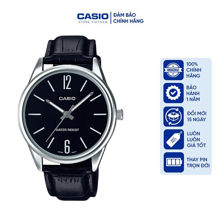 Đồng hồ Nam Casio MTP-V005L-1B, đồng hồ chính hãng, dây da đen mặt đen