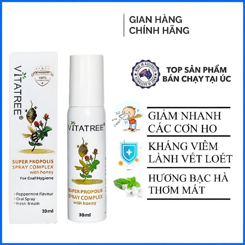 Giá Shock  Mẫu mới 30ml Xịt keo ong Vitatree 25ml, Vitatree Super Propolis Spray complex with Honey Úc ÚC