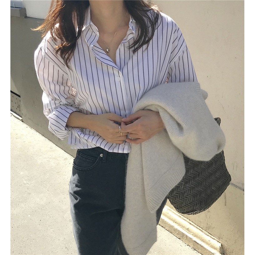 Áo sơ mi dáng rộng kẻ sọc thời trang retro Hàn Quốc cho nữ