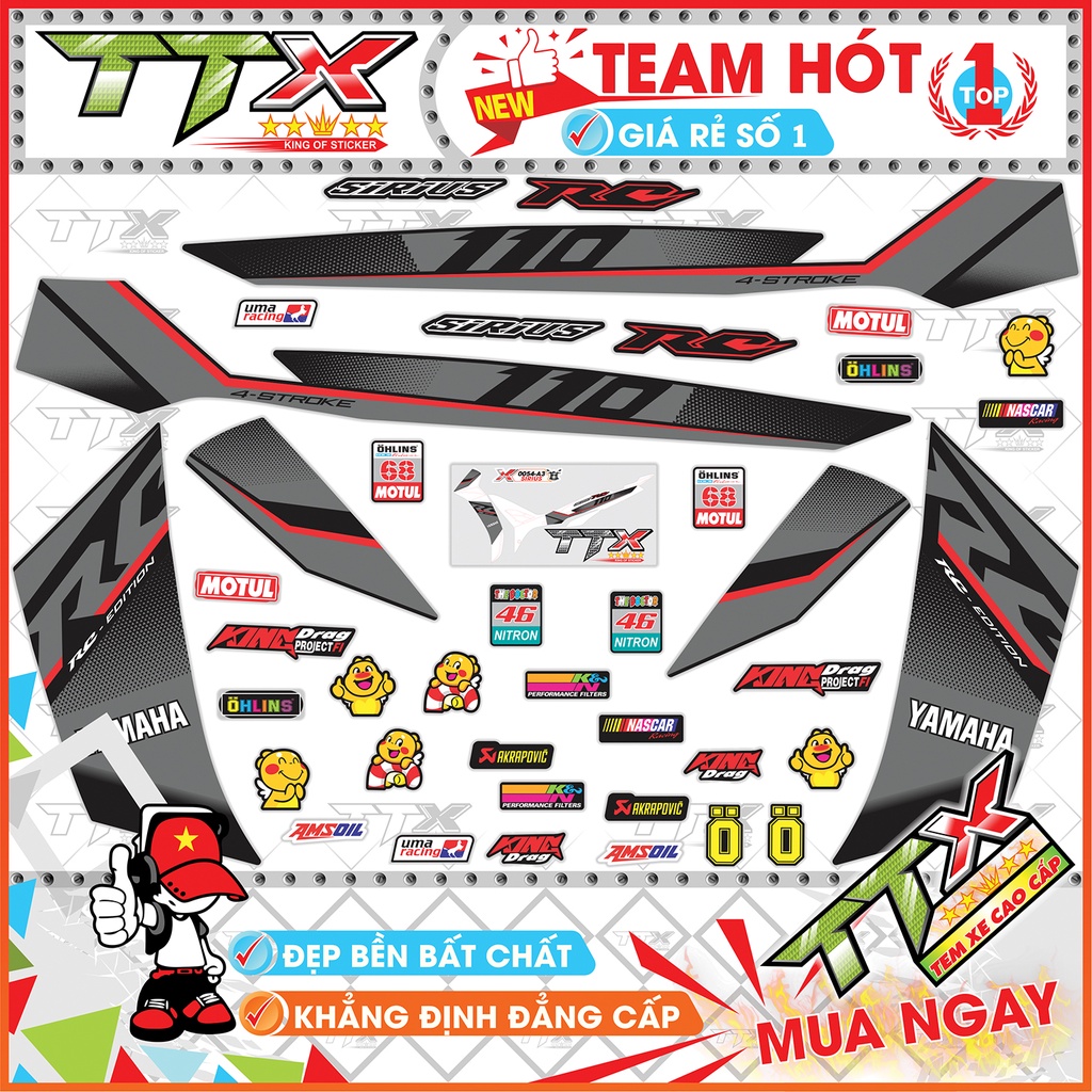 Tem Xe Sirius 110 RC Xám Đen Đỏ Điểm Nhấn - Tem Rời Sirius RC Đỏ Xám Đen Siêu Đẹp - Mẫu Tem Sirius Xám