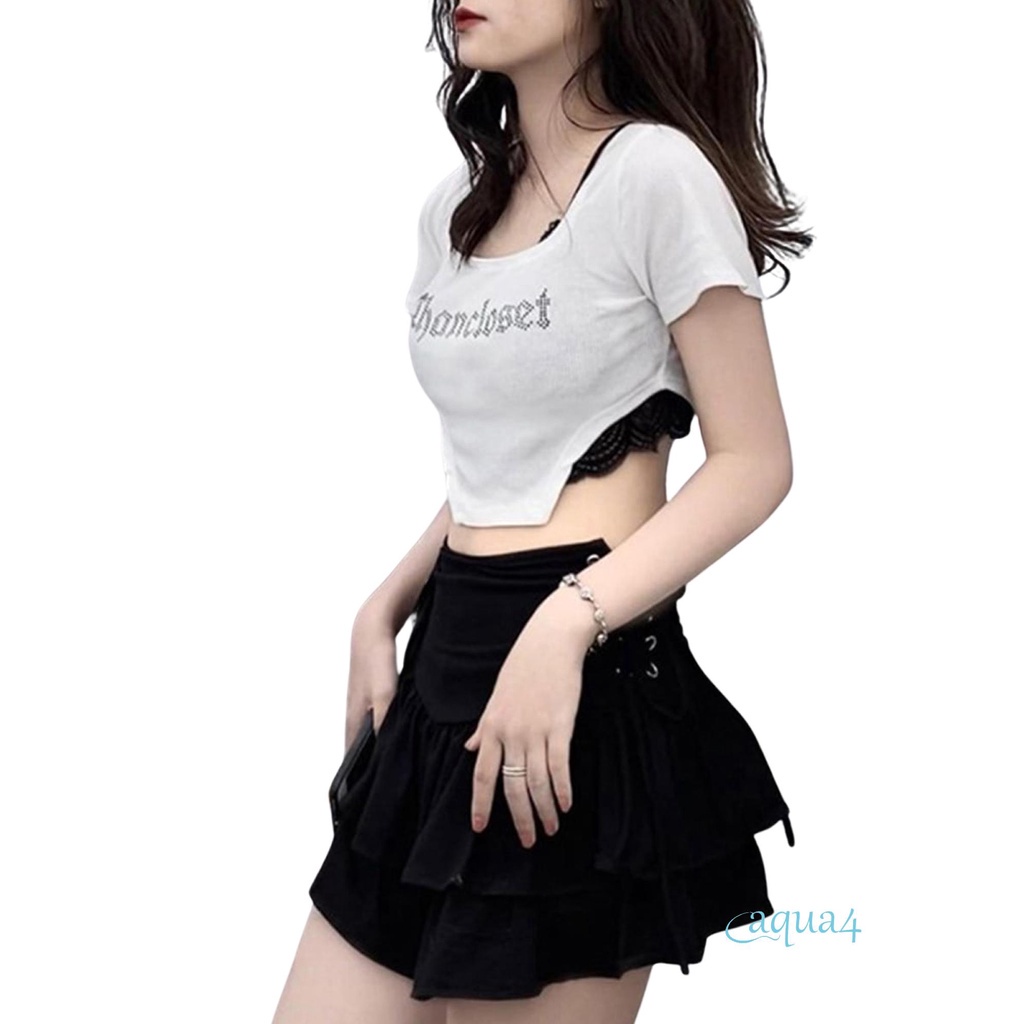 Áo croptop cổ vuông in chữ đính đá thời trang cho nữ