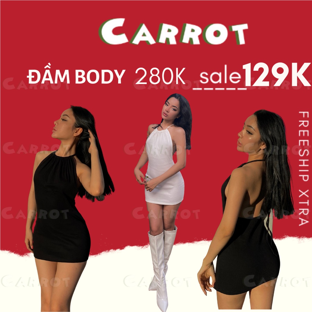♝Đầm body sexy hở lưng eo váy ôm cổ yếm vai cột dây quyến rũ sang chảnh màu đen thun gân carrotxinhdep