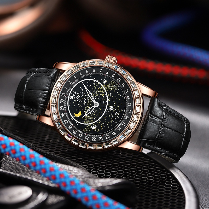 Đồng Hồ Cơ Tự Động Cao Cấp Chống Thấm Nước Đính Kim Cương Màu Xanh Dương Thời Trang Phong Cách Doanh Nhân Kimsdun 1218