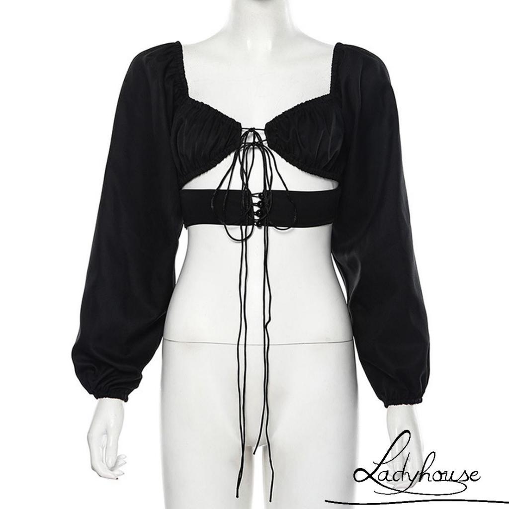 Áo Ngắn Tay Dài Cổ Chữ V Màu Trơn Có Dây Cột Gợi Cảm Cho Nữ