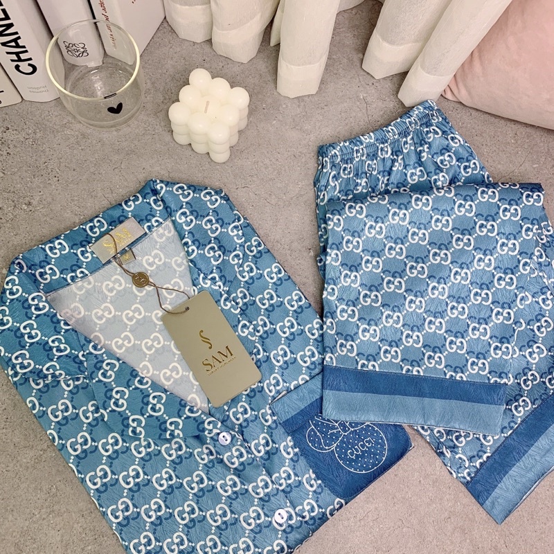 Bộ ngủ lụa áo cộc quần dài chữ GG lụa SAM cao cấp lụa xước vân Quảng PVN536_QuỳnhTe