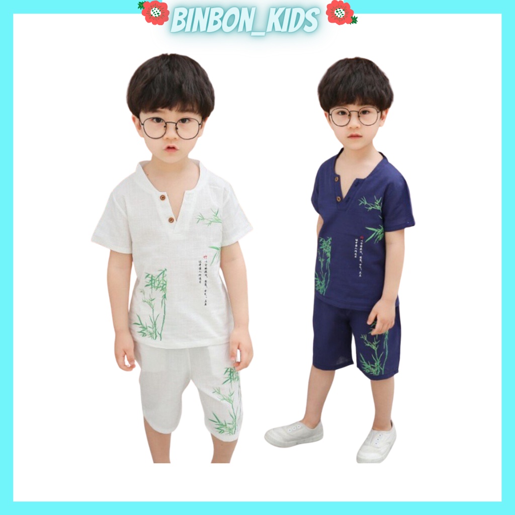 Đồ bộ bé trai Binbon kids, Bộ quần áo cộc tay bé trai chất đũi in hình cây tre cực mát cho bé từ 6-28kg