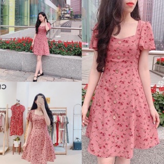 Bán sỉ buôn váy hoa hồng khuy gỗ