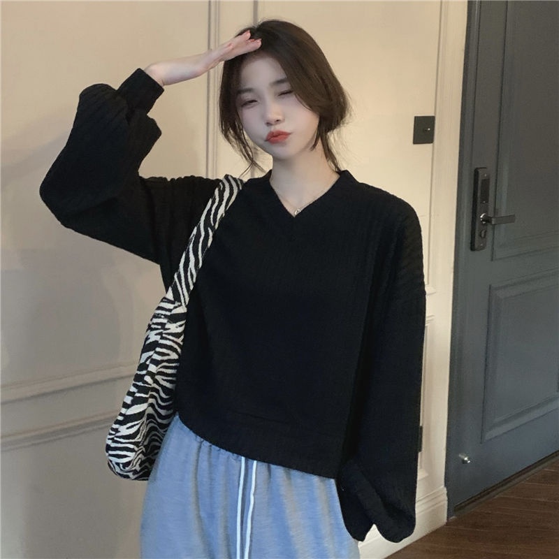Áo Dệt Kim Tay Dài Dáng Rộng Cổ Chữ V Thời Trang Hàn Quốc Cho Nữ