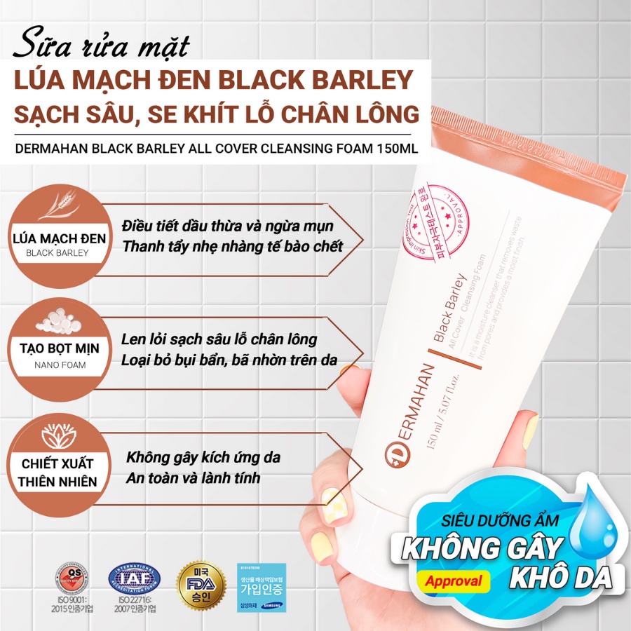 Sửa Rửa Mặt Dermahan Black Barley All Cover Cleansing Foam 150ml Lúa Mạch Đen Làm Sạch Ngừa Lão Hóa Tái Tạo Da
