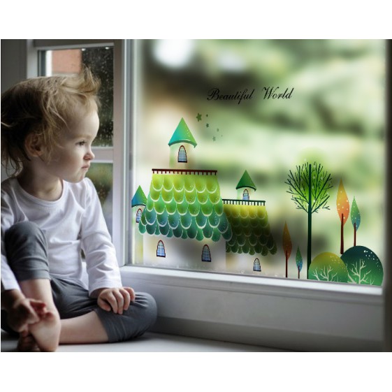 Decal trang trí kính cao cấp Ngôi nhà Xanh Lá ( 60cm x 58cm )