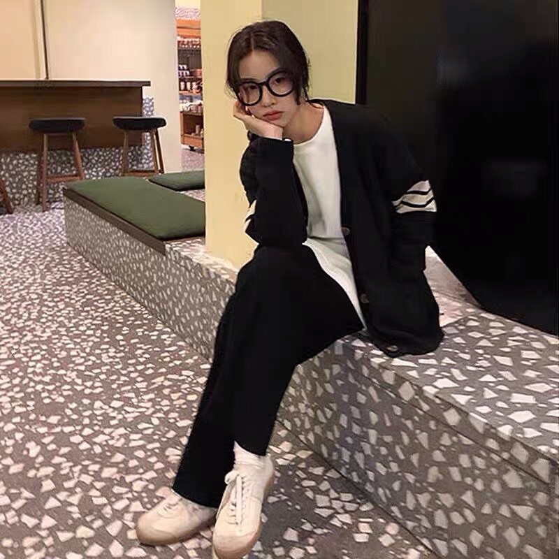 Áo khoác cardigan kiểu nữ viền sọc tay dài thome browne len dày dặn