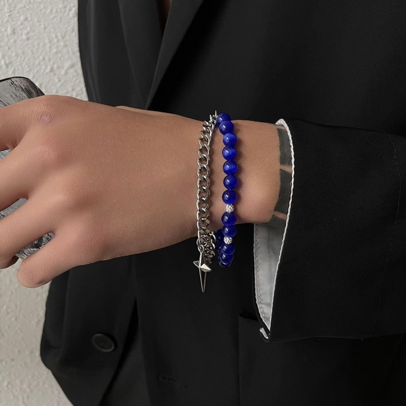 Vòng tay layer hạt đá phối xích thép đính mặt chữ thập