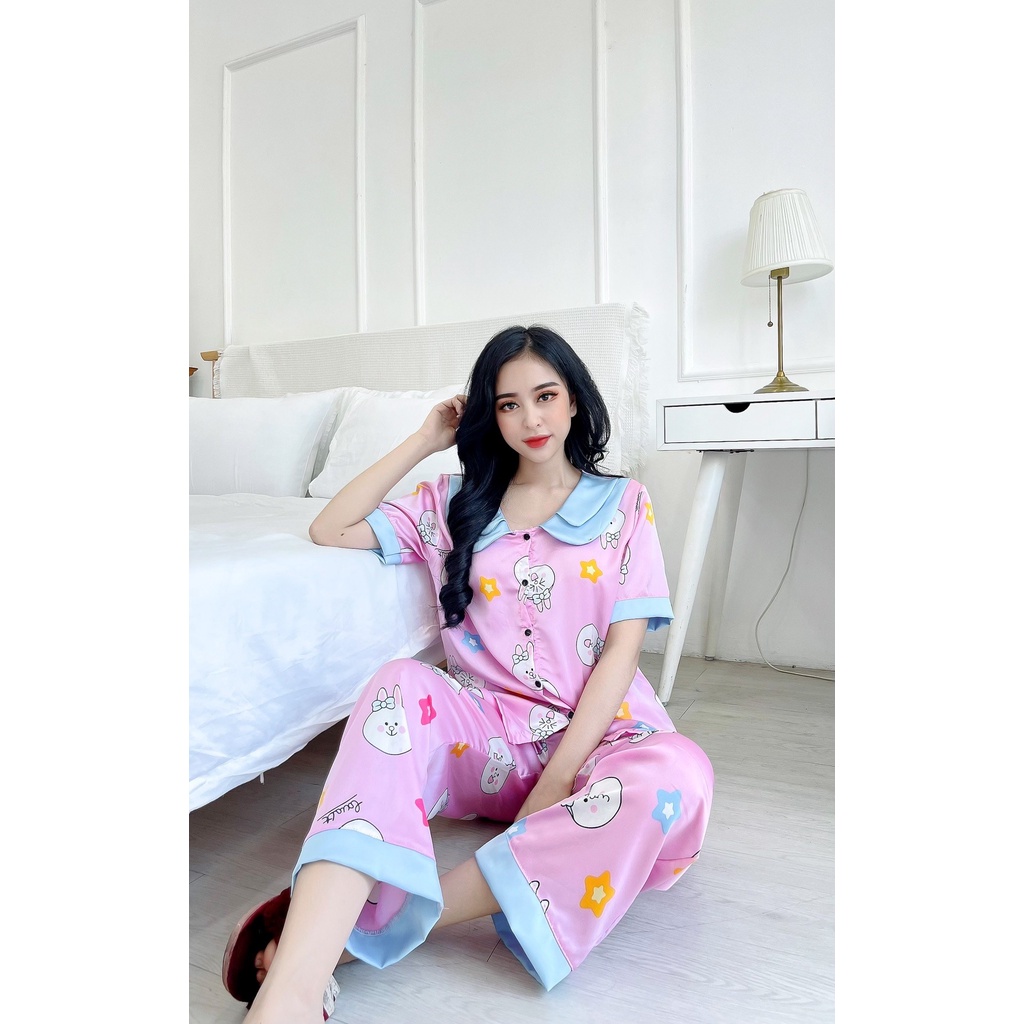 Set Bộ Tiểu Thư Tay Ngắn, Đồ Bộ Tay Ngắn Vải Lụa Satin Xịn Mịn Đẹp Siêu Mát, Freesize dưới 60kg