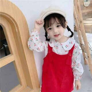 Set yếm kèm áo sơmi hình cherry xinh xắn cho bé