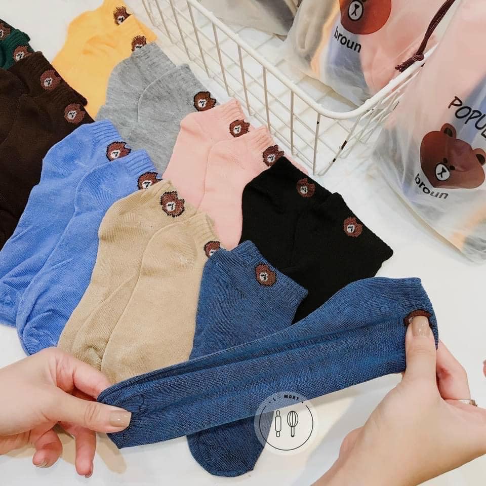 Combo 10 đôi tất nữ cổ ngắn hình gấu kute tặng kèm túi rút dễ thương