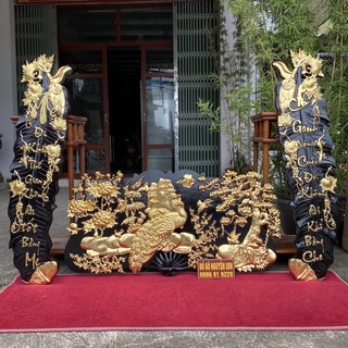Combo tranh gỗ quạt phu thê và câu đối cha mẹ