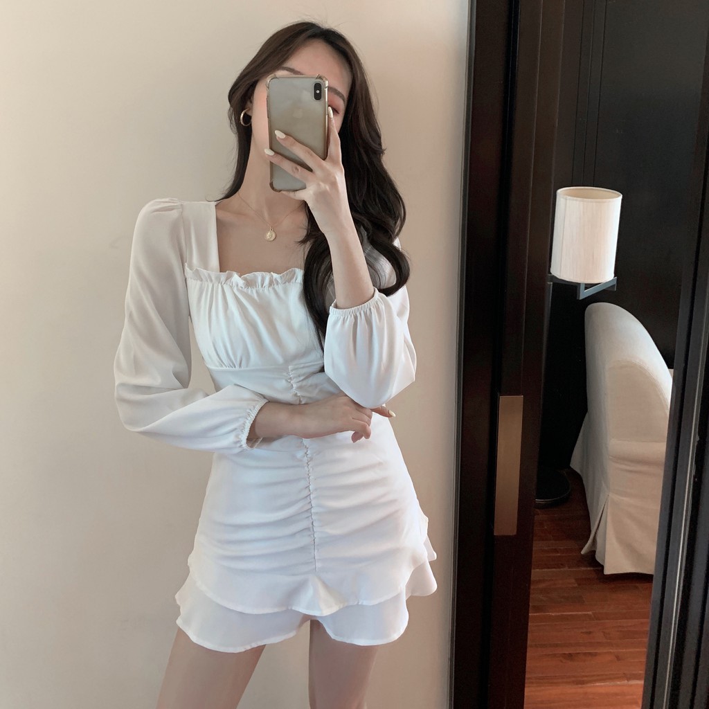 Đầm ulzzang đuôi cá dáng ngắn tay dài phong cách vintage Hàn Quốc V06 - Peyy Clothing