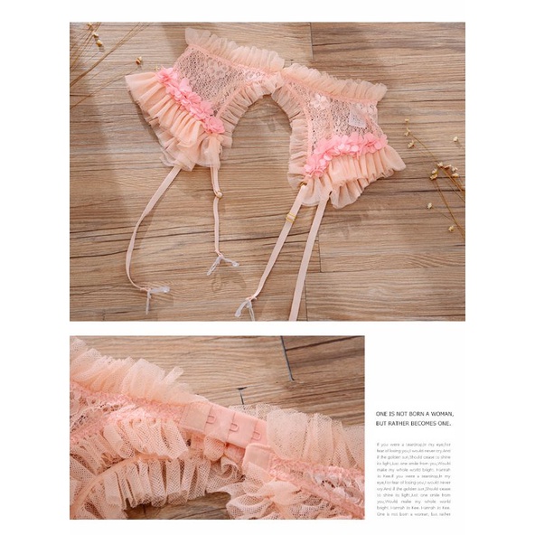 Set nội y cao cấp cam hồng ren nhún sexy - bộ đồ lót gợi cảm kèm kẹp nịt tất choker đùi