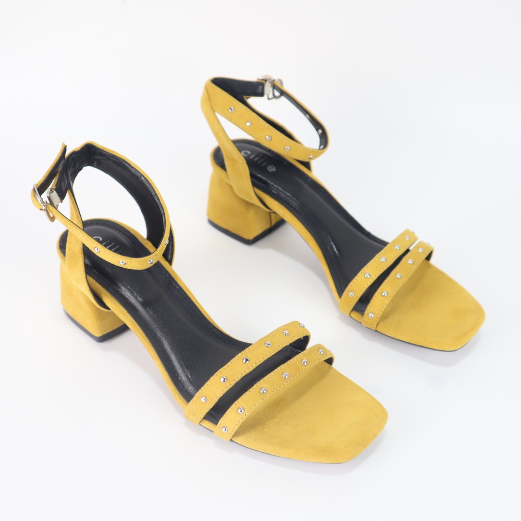 Giày sandal nữ quai ngang basic tán đinh cá tính mới lạ gót vuông 5cm Cillie 1058