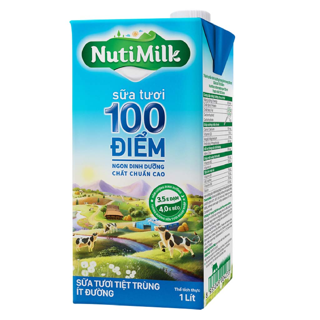 Thùng 12 Hộp Sữa Tươi  Tiệt Trùng 100 Điểm Ít Đường Nutimilk 1lít
