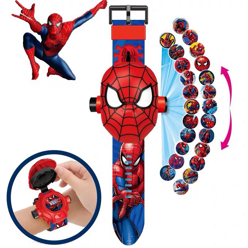 Đồng hồ cho bé hình người nhện elsa, batman, đội cứu hộ, ninja chiếu hình ảnh lên tường người nhện E128 | BigBuy360 - bigbuy360.vn