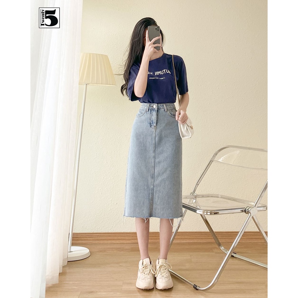 Chân váy jeans midi dáng dài gấu cắt tua rua xẻ sau phong cách Hàn Quốc Twentyfive 4109