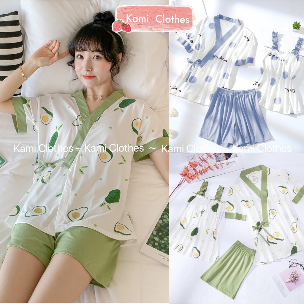 Bộ ngủ nữ 3 chi tiết, set đồ áo 2 dây và quần đùi nữ kèm áo khoác ngoài kiểu dáng yukata - KAMI Clothes | BigBuy360 - bigbuy360.vn
