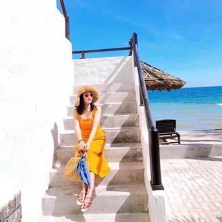 Đầm maxi, váy hai dây màu vàng nghệ nơ sau (kèm hình thật)