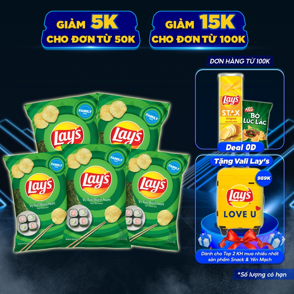 Combo 5 Snack Khoai Tây Lay's vị Tảo Biển Nori gói 150g