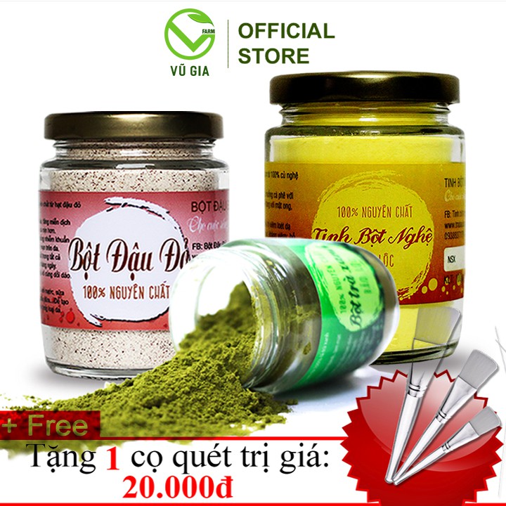 Combo Bột Trà Xanh Nguyên Chất 100g + Bột Đậu Đỏ Nguyên Chất 100g + Tinh Bột Nghệ Nguyên Chất 100g + Tặng Cọ Quét