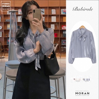 Áo sơ mi nữ MORAN vải voan bóng, cổ thắt nơ sang trọng tiểu thư style Hàn Quốc