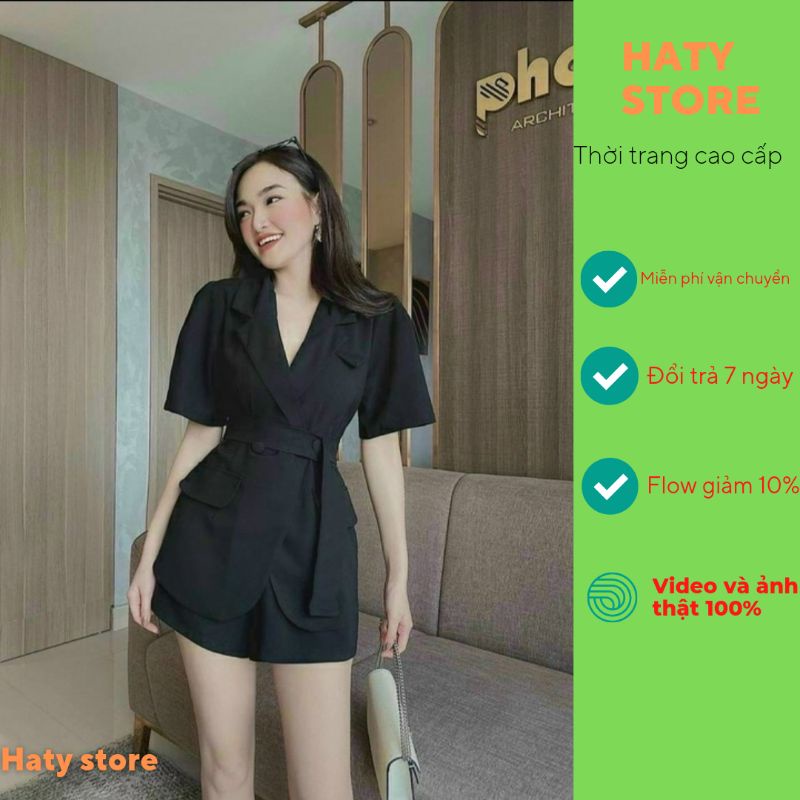 set đồ nữ nguyên bộ áo vest thắt lưng và quần short chất vải tuyết mưa đay dặn DX5 thời trang haty shop