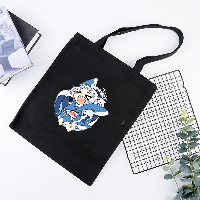 Túi tote vải đen đeo vai in hình GAWR GURA Hololive Vtuber phong cách anime chibi tiện lợi thời trang