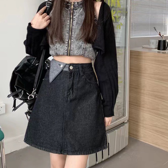 Chân váy cạp cao chữ A, chân váy jean kaki phong cách_V9