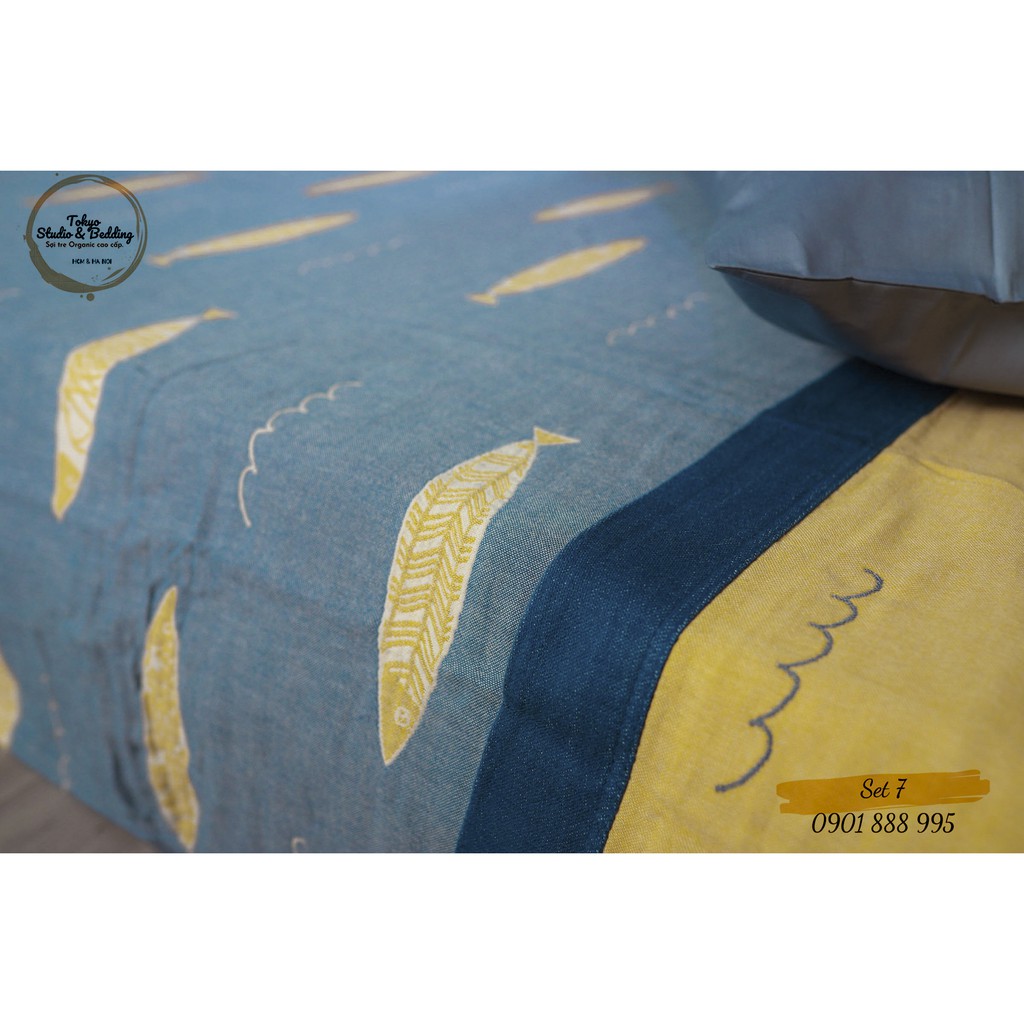 Set 07 _Chăn Xô Cotton Sợi tre Organic dòng Basic &amp; Ga gối Lụa