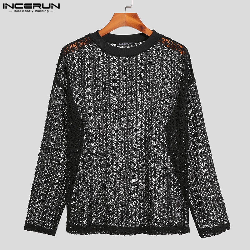 Áo thun INCERUN tay dài dáng rộng xuyên thấu trẻ trung cho nam