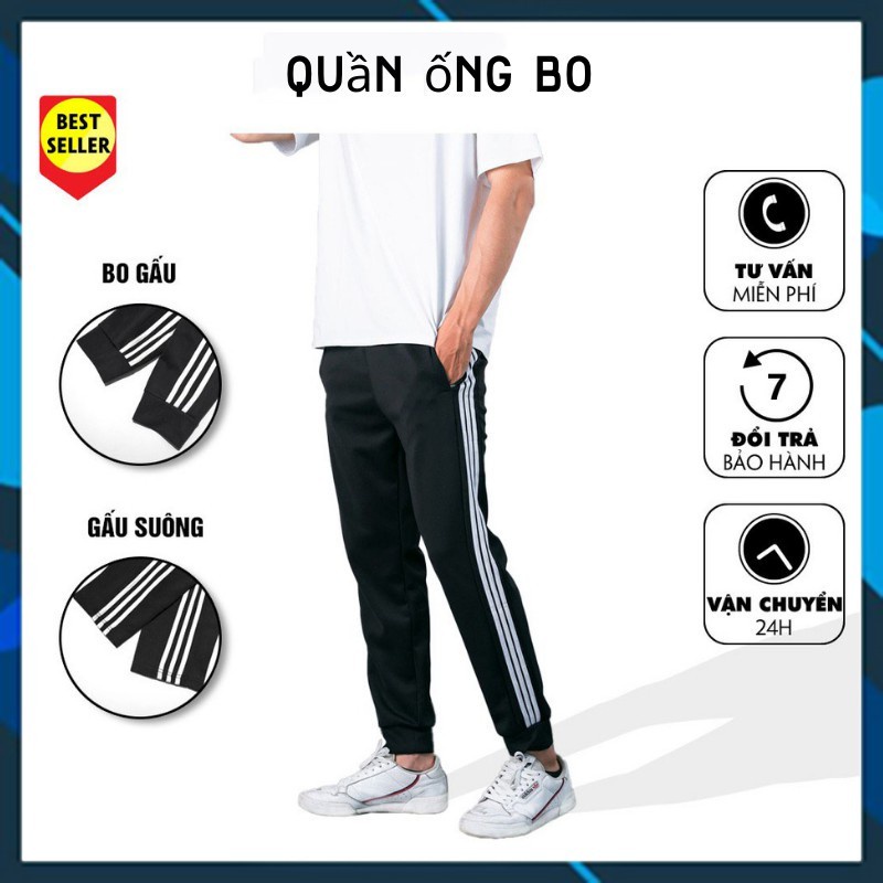 Quần 3 sọc thể thao jogger ống bo, ống suông chất liệu dày dặn, không xù sọc đen, trắng