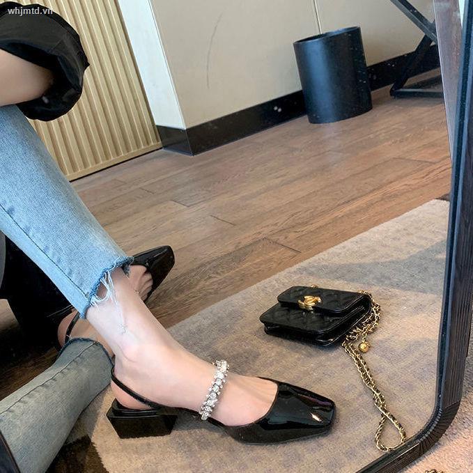 Giày Búp Bê Mũi Vuông Gót Dày Đính Đá Hở Ngón Thời Trang Xuân Hè Cho Nữ