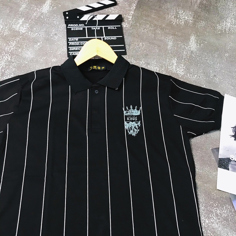 Áo Polo nam cổ bẻ tay ngắn phối kẻ sọc thêu chữ KING cực chất form ôm dáng người chất vải cotton mát | BigBuy360 - bigbuy360.vn